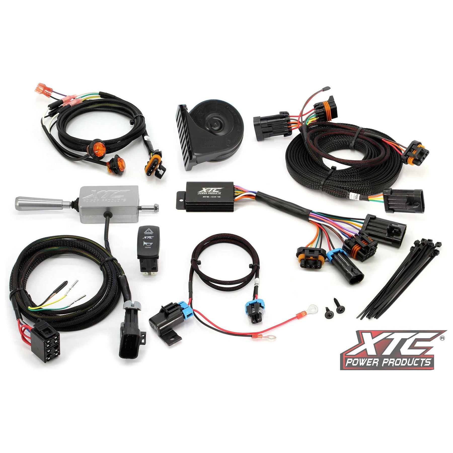 The Auto Turn Signal Kit W/Billet Column Lever by XTC Power includes cables, connectors, a control box, horn, switches, screws, zip ties, self-canceling turn blinker, and features the XTC Power Products logo on a white background.