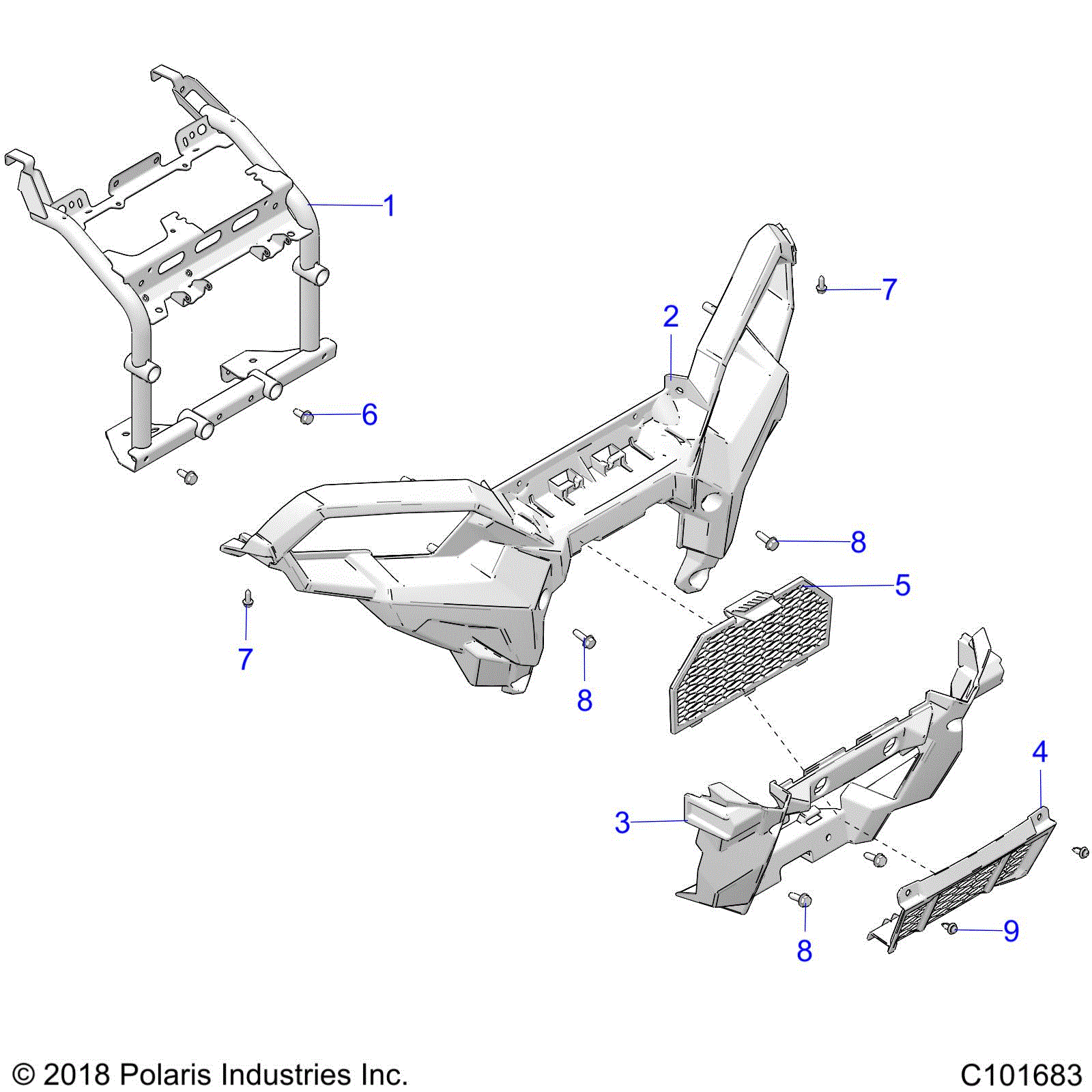 An Image of a Genuine Polaris Parts Schematic Diagram showing the schematic - BODY: FRONT BUMPER and MOUNTING - 2020 POLARIS SPORTSMAN XP 1000 / XP 1000 HUNTER EDITION 48"