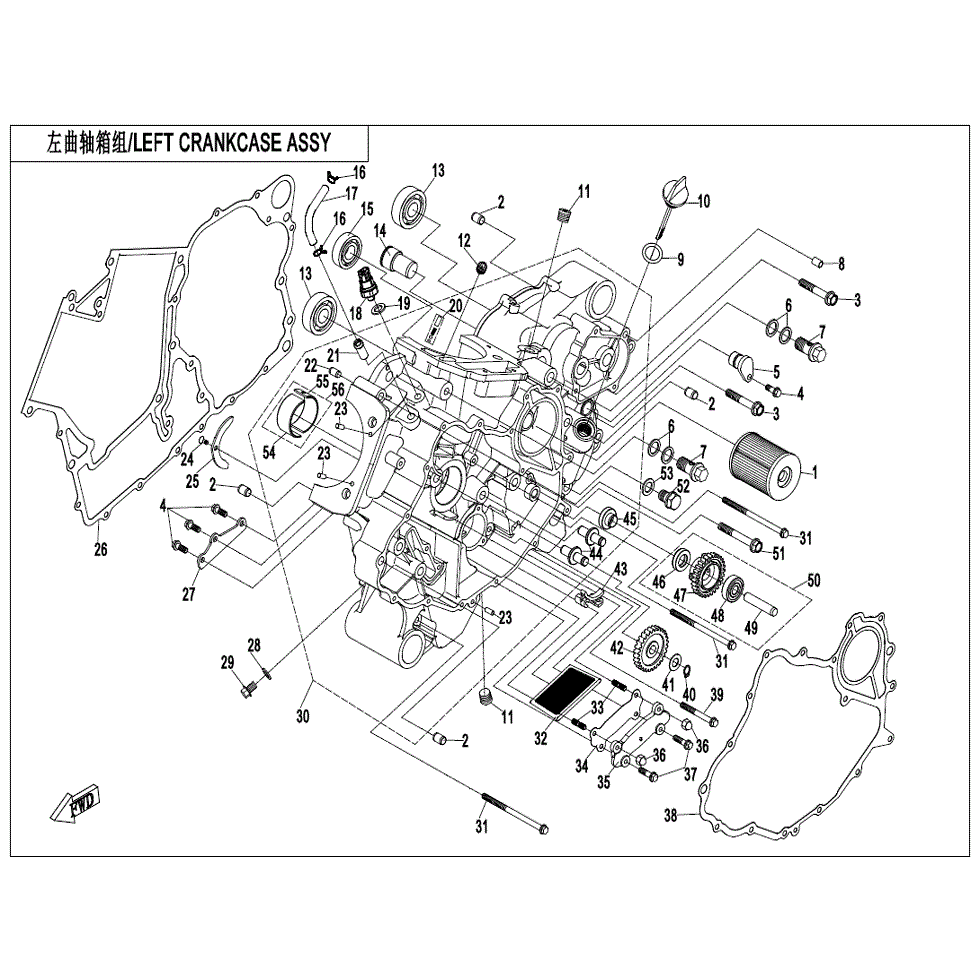 An Image of a genuine CFMOTO Parts Schematic Diagram showing the group - LEFT CRANKCASE ASSY. - 2022 CFMOTO CFORCE 1000 Overland
