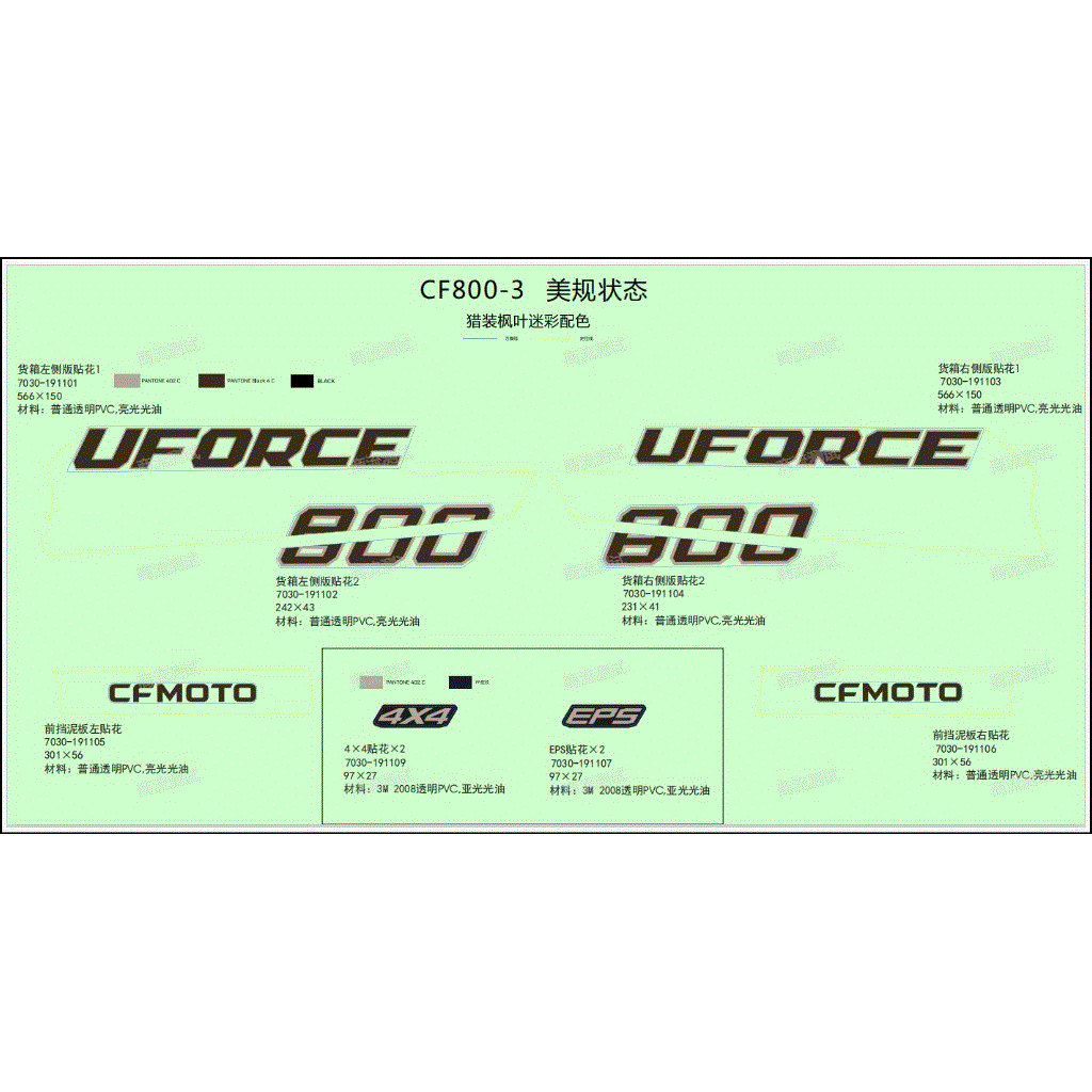 An Image of a Genuine CFMOTO Parts Schematic Diagram showing the schematic - DECALS - CAMO - 2021 CFMOTO UFORCE 800
