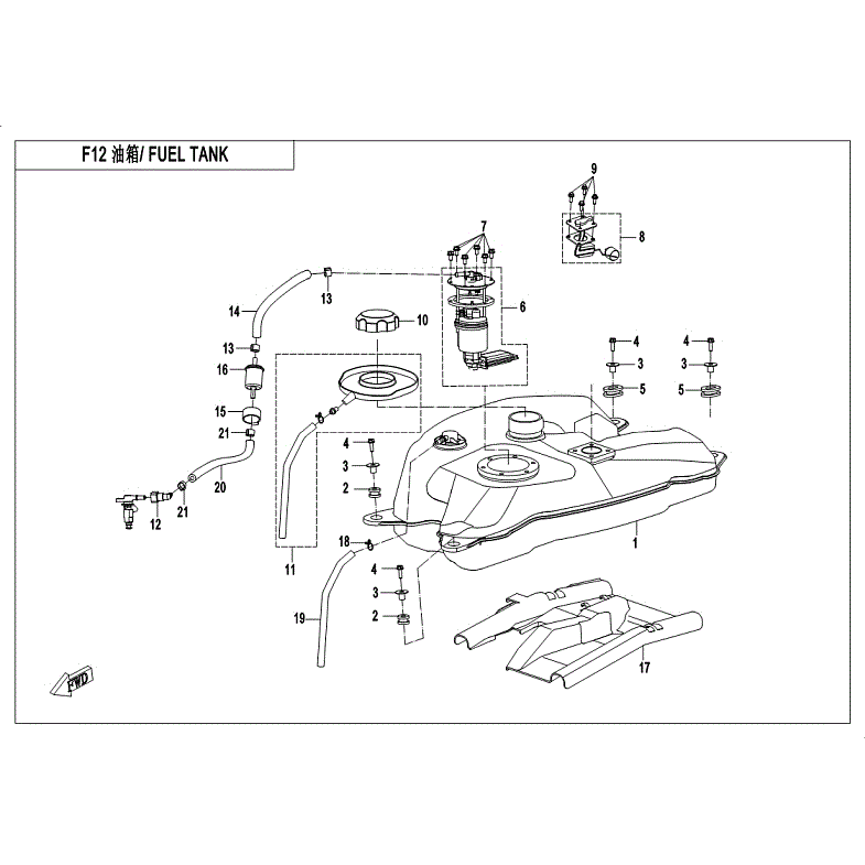 An Image of a genuine CFMOTO Parts Schematic Diagram showing the group - FUEL TANK - 2018 CFMOTO CFORCE 400