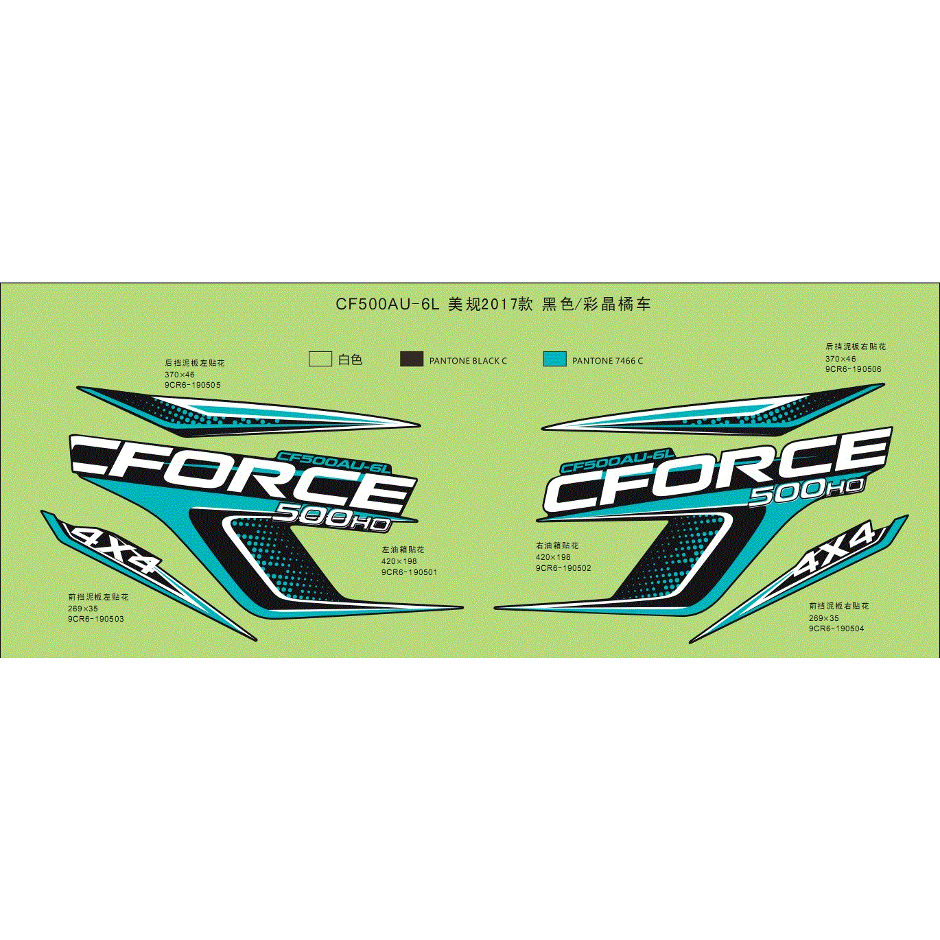 An Image of a genuine CFMOTO Parts Schematic Diagram showing the group - DECAL KITS (CRYSTAL ORANGE) - 2017 CFMOTO CFORCE 500 HO