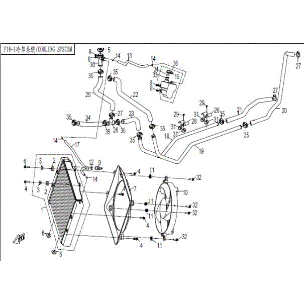 An Image of a Genuine CFMOTO Parts Schematic Diagram showing the schematic - COOLING SYSTEM - 2015 CFMOTO ZFORCE 800 EX