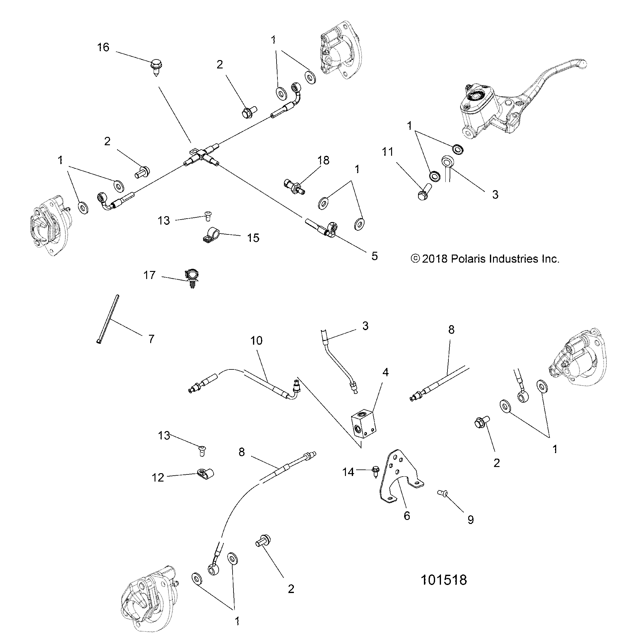 An Image of a Genuine Polaris Parts Schematic Diagram showing the schematic - BRAKES: BRAKE LINES - 2019 POLARIS SPORTSMAN XP 1000 HIGH LIFTER