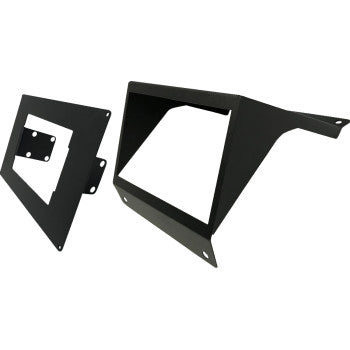 Black metal dash panel mount kit with angular design and multiple mounting holes.