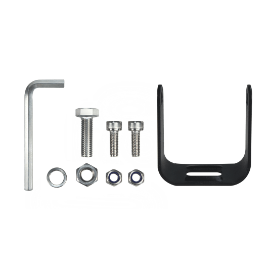 An overhead view of the Pod Light Mounting Bracket by Open Trail, shown with an Allen wrench, a large bolt and washer, two medium bolts, three nuts, and a black U-shaped bracket on a white background.