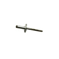 Silver metal rivet with flat flanged head and pointed shank, designed for secure fastening.