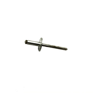 Silver metal rivet with flat flanged head and pointed shank, designed for secure fastening.