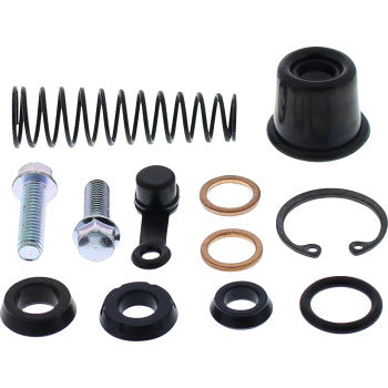 The Master Cylinder Rebuild Kit Rear by All Balls, featuring a spring, bolts, washers, gaskets, a retaining ring, and assorted rubber or plastic seals, is neatly arranged on a white background.