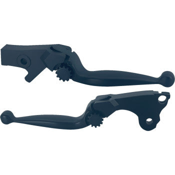 The Lever Set - Journey - Black by PSR features two black, CNC-machined aluminum motorcycle levers with gear-like adjusters, shown side by side on a white background for precise, adjustable control.