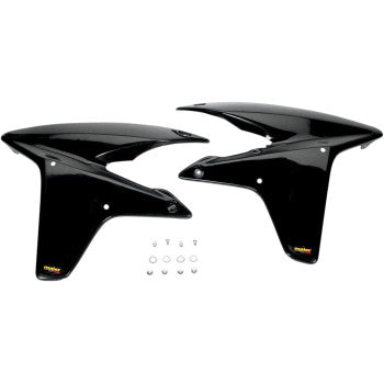Two glossy black Air Scoops by Maier for Honda TRX R, featuring angled designs and durable polyethylene construction, are shown side by side. A set of mounting hardware with screws and washers is placed between them.