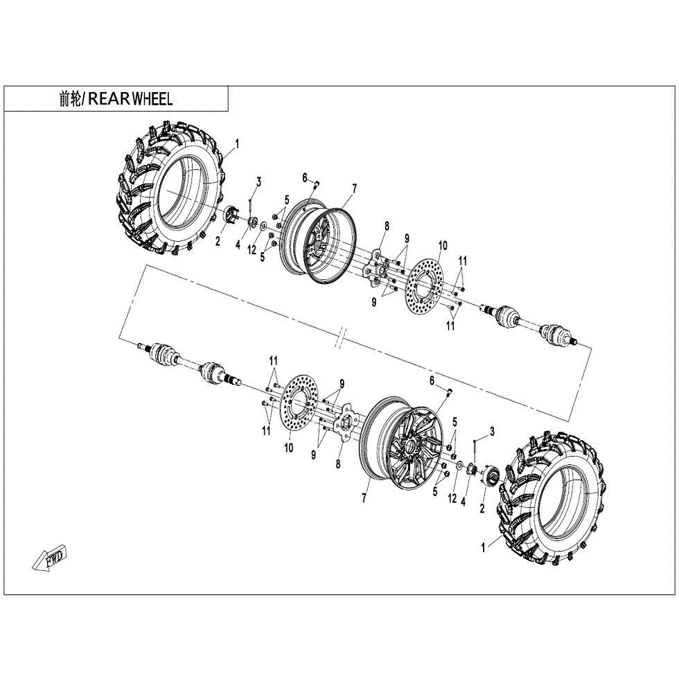 An Image of a Genuine CFMOTO Parts Schematic Diagram showing the schematic - REAR WHEEL - 2023 CFMOTO ZFORCE 800 Trail