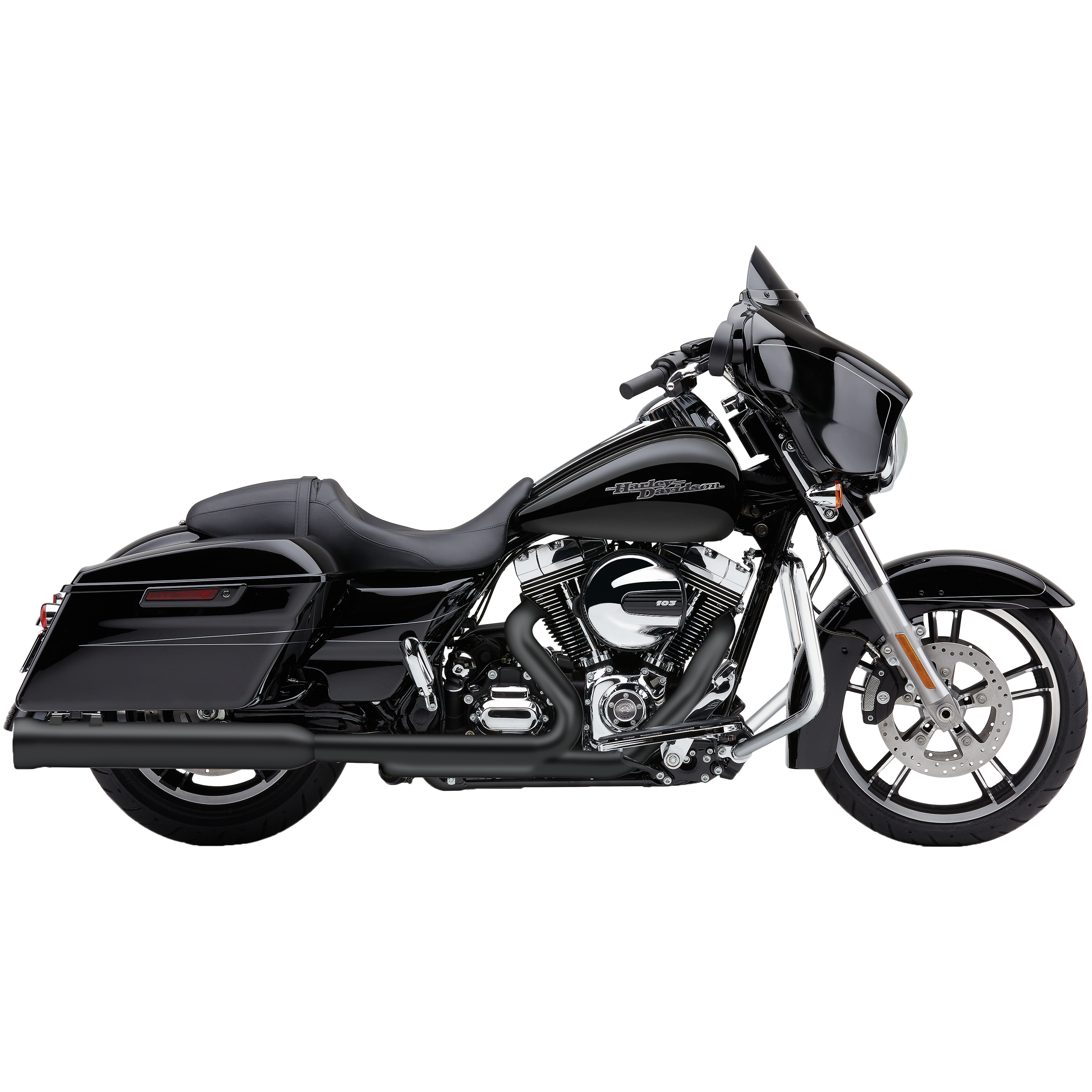 A black Indian motorcycle with leather saddlebags is shown in a side view, featuring a sleek design, front fairing, chrome engine accents, and Cobra 4" Neighbor Hater Slip-On Exhaust in black for an enhanced ride.