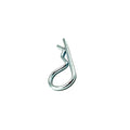 Silver metal hitch pin clip with coiled wire design and straight locking pin.