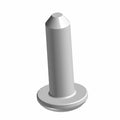 Gray plastic rivet with a round flat head and a cylindrical shaft tapering to a pointed tip.