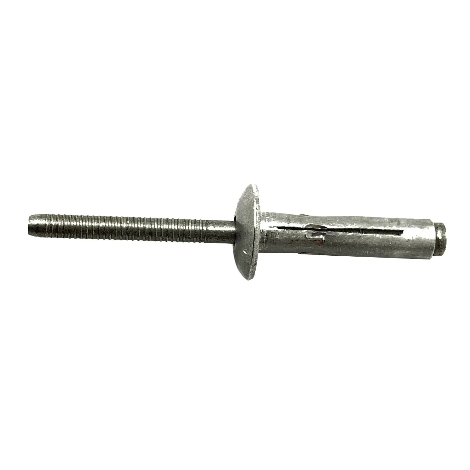 Silver metal rivet with threaded shaft and flared collar, designed for secure fastening.