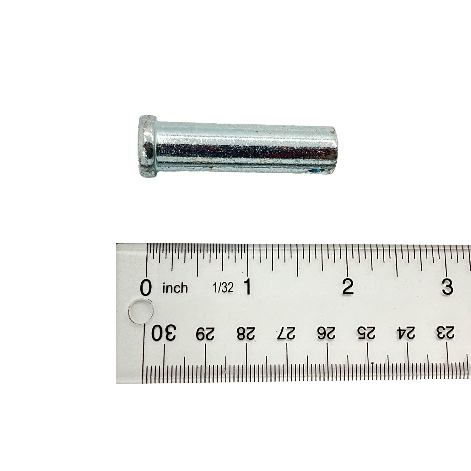 Chrome-finished clevis pin measuring approximately 1.75 inches long next to a white ruler marked in inches and millimeters.