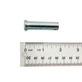 Chrome-finished clevis pin measuring approximately 1.75 inches long next to a white ruler marked in inches and millimeters.