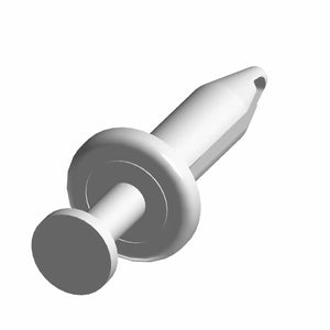 Gray plastic rivet with a flat circular head and a tapered shank with a hole near the tip.