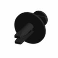Black plastic rivet with flat round head and split shank designed for secure fastening.