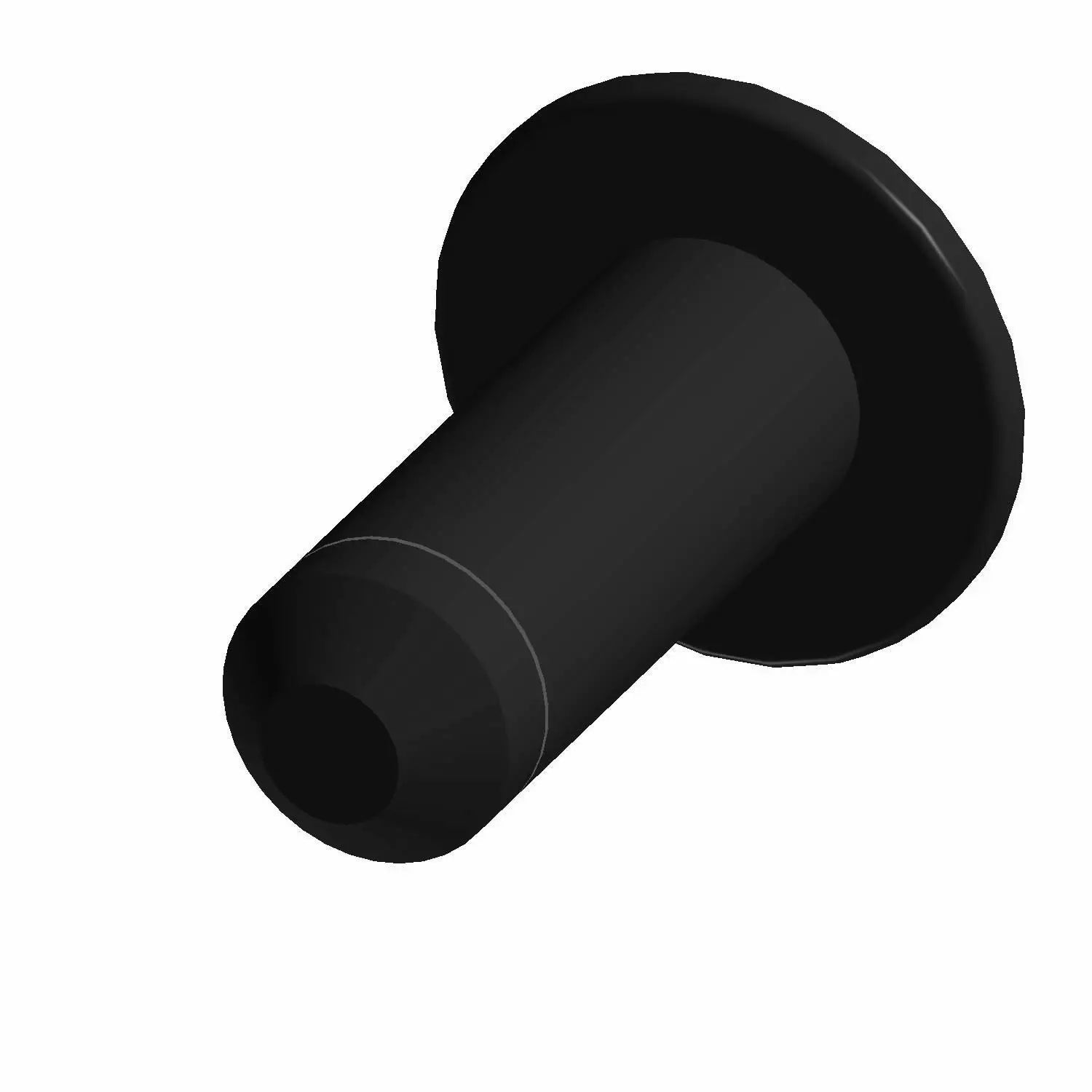 Black cylindrical metal rivet with flat, wide head and hollow shaft.