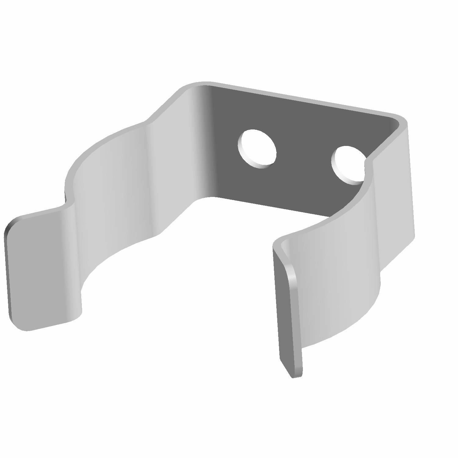 Silver metal hood mount clip with two round holes and curved gripping ends.