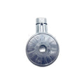 Silver metal gear position switch pin with circular base and central hole.