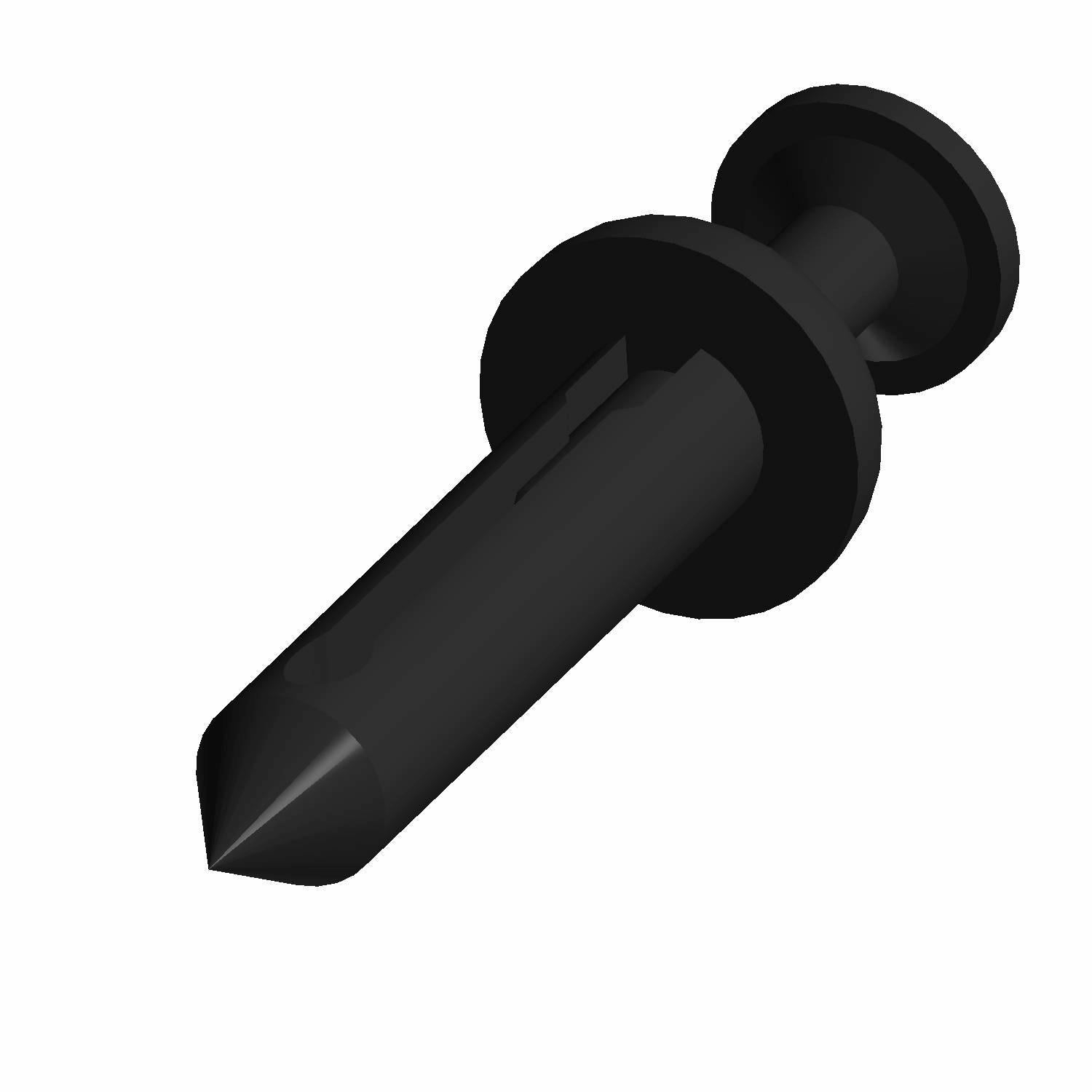 Black nylon push rivet fastener with a flanged head and pointed tip.
