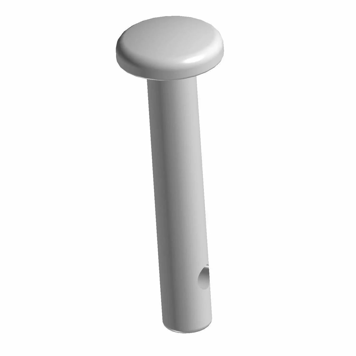 Silver metal pin anchor with rounded head and straight cylindrical shaft with small hole near base.