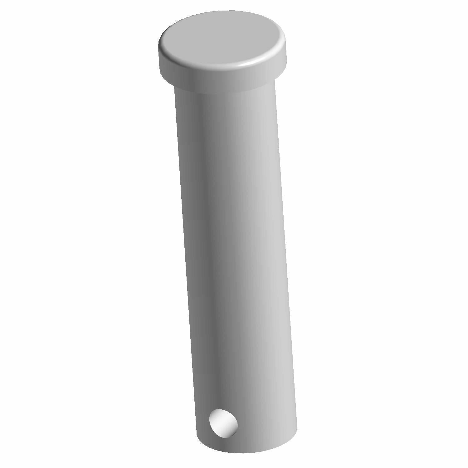 Silver metal clevis pin with round head and hole near opposite end.