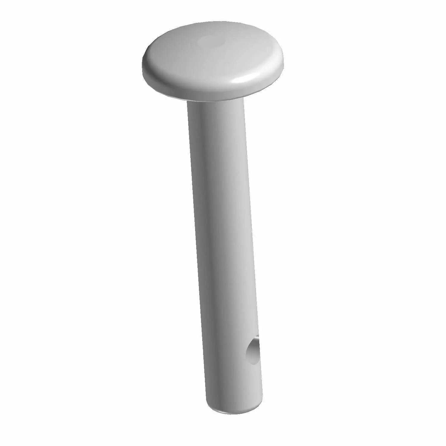 Silver cylindrical metal shaft anchor with flat round head and small side hole near base.