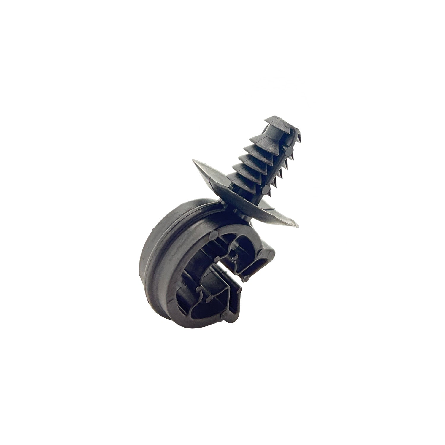 Black nylon clip with integrated screw and circular base for secure fastening.