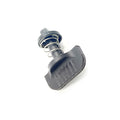 Black nylon 1/4 turn stud fastener with integrated metal spring and locking mechanism.