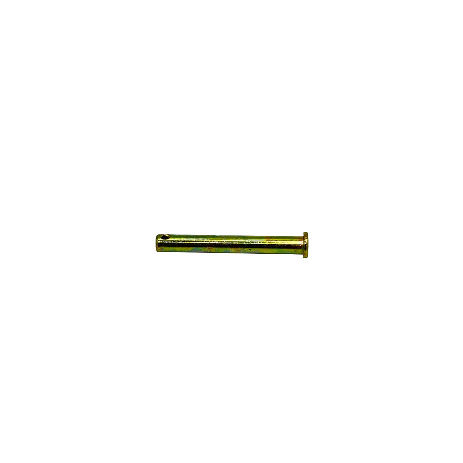 Gold-toned cylindrical metal hinge clevis pin with flanged head and hole near opposite end.