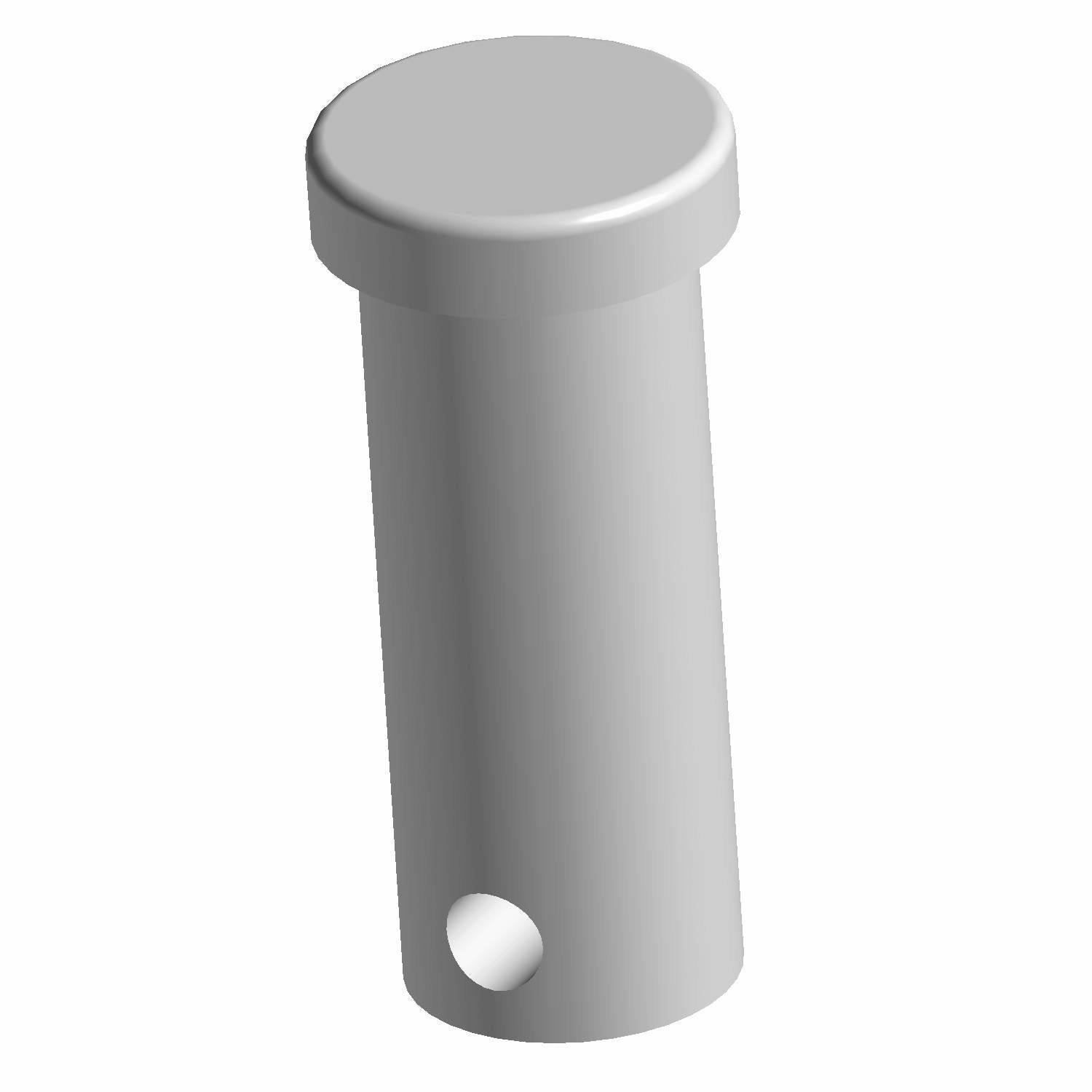 Silver cylindrical metal pin clevis with a flat round head and a hole near the bottom end.