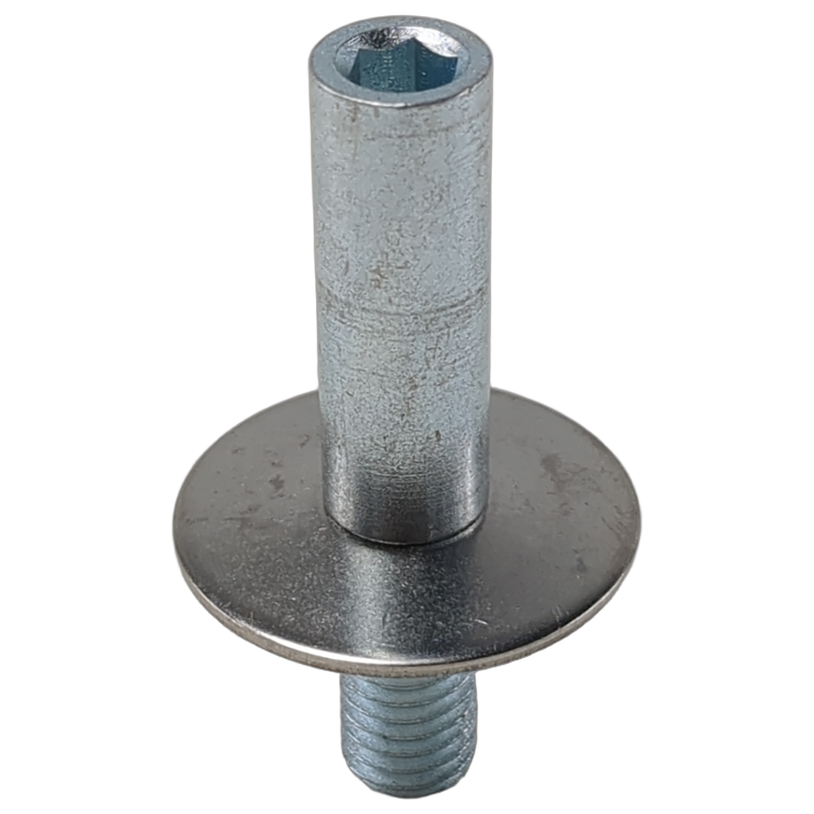 Metallic silver striker pin with flat circular base and threaded bolt end.