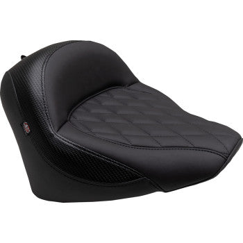 The Solo Touring Seat with Driver Backrest by Mustang for Indian Chief features a black diamond stitch, textured side panels, and raised back support for enhanced comfort and style.