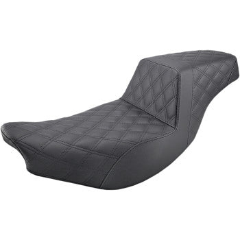 Black motorcycle step-up seat with full lattice stitch pattern and smooth contours.