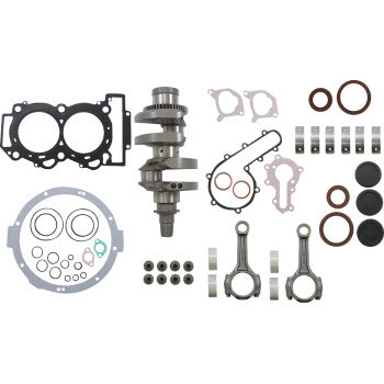 Complete Polaris bottom end kit with crankshaft, gaskets, seals, bearings, and connecting rods in metal and black gasket.
