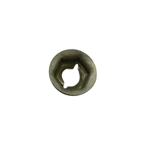Hexagonal steel speed nut-washer with irregular internal clip shape, gray finish.