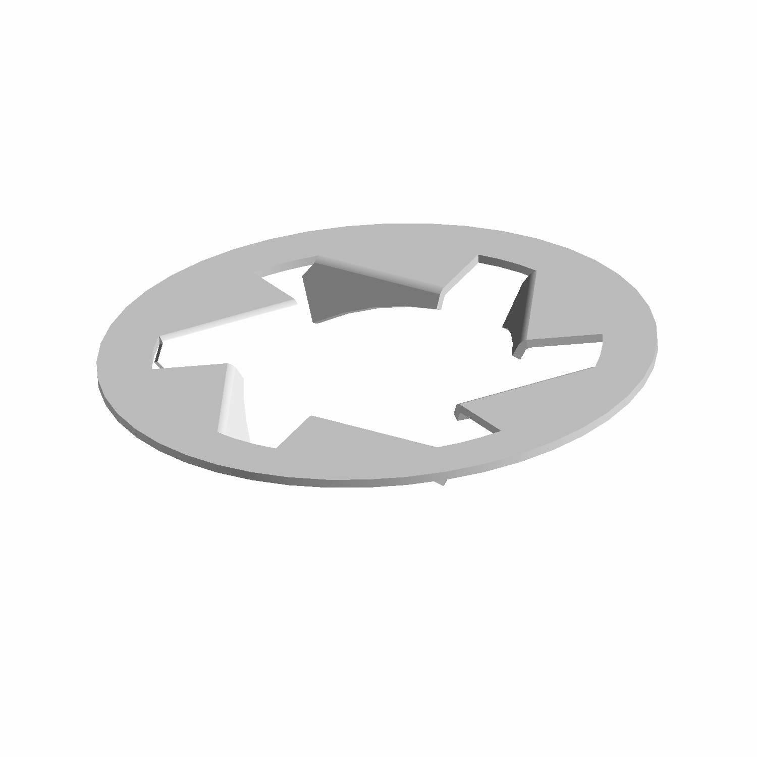 Silver metal pushnut bolt with star-shaped internal prongs and flat circular outer rim.