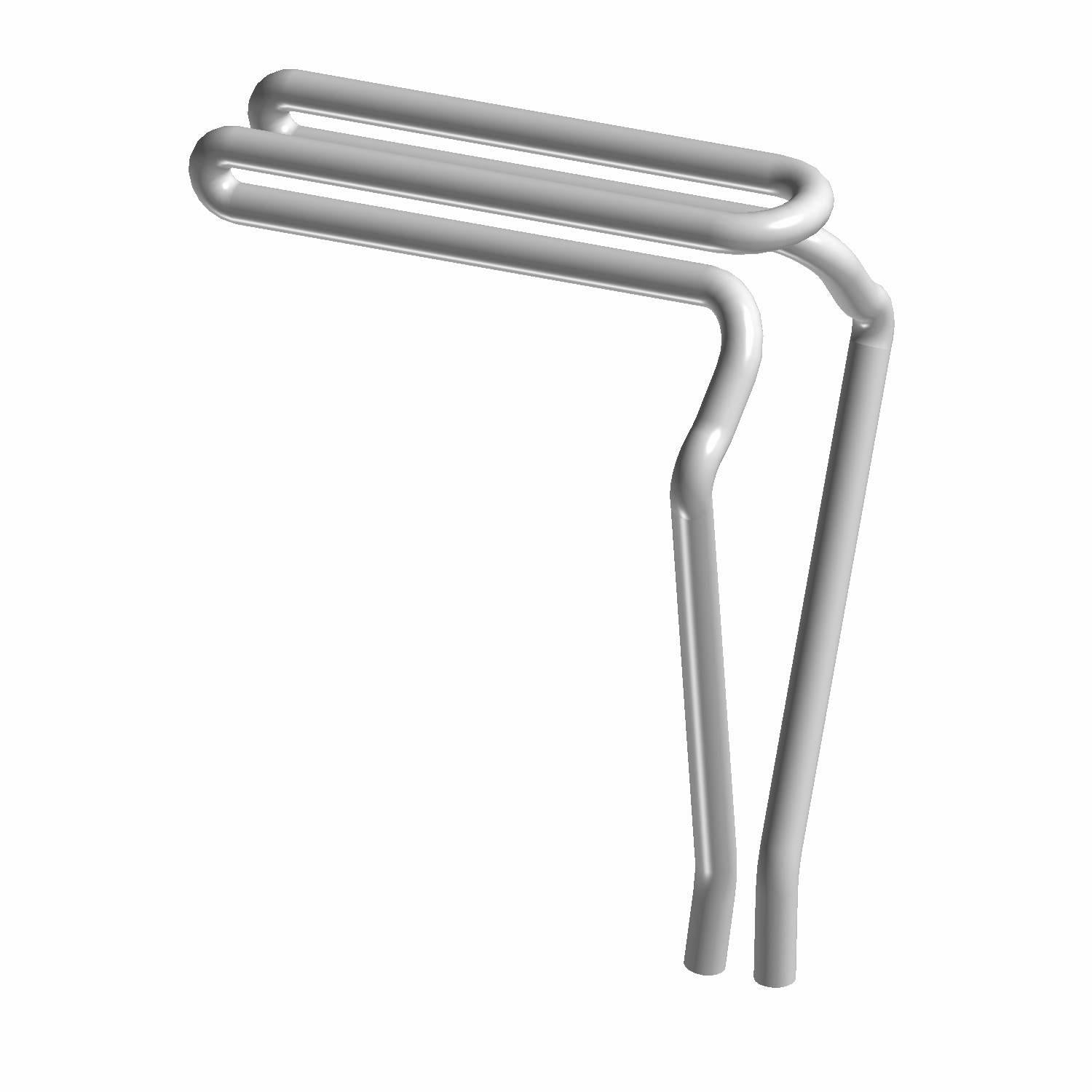 Silver-metal double-loop spring clip with bent wire design for secure fastening.