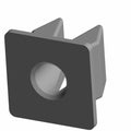 Black square plastic panel clip screw with central round hole and two prongs on back.