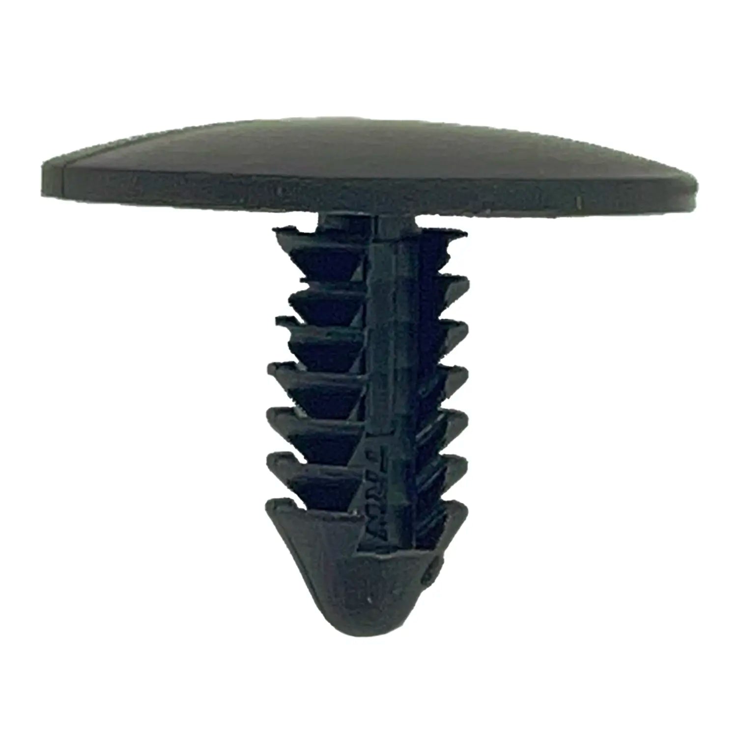 Black plastic dart clip with flat round head and barbed ribbed shank for secure fastening.