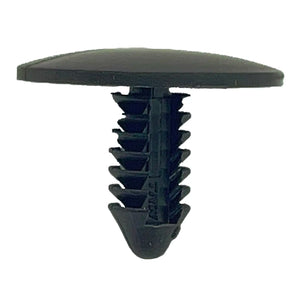 Black plastic dart clip with flat round head and barbed ribbed shank for secure fastening.