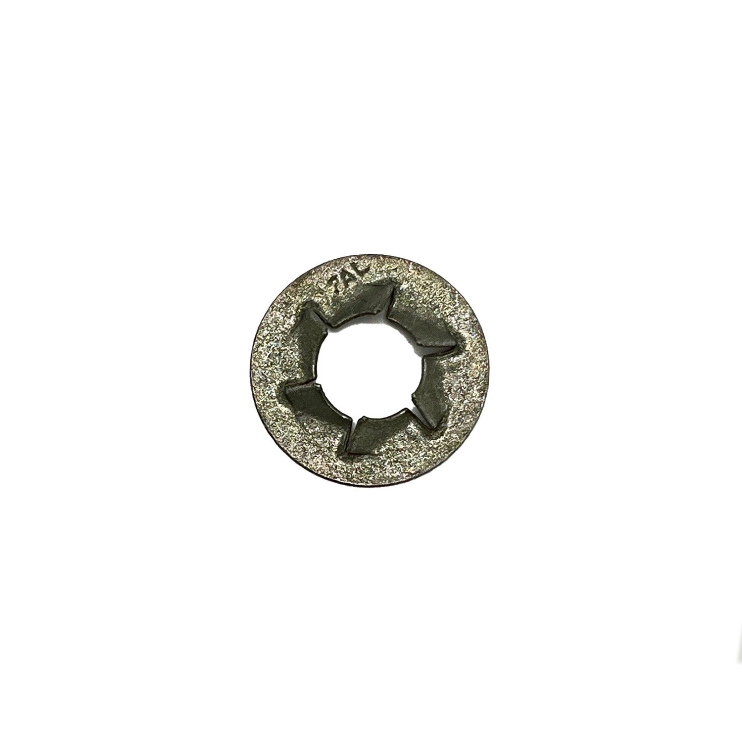Gray metal circular pushnut with six inward-facing flexible prongs around central hole.