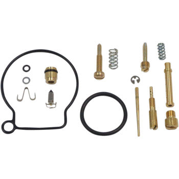 The Polaris Carburetor Repair Kit by Shindy includes jet needle sets, float valves, brass nozzles, jets, screws, springs, black rubber O-rings, and a large gasket—all arranged on a white background.
