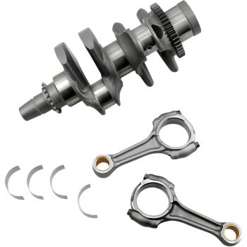 A Polaris Crankshaft Assembly OEM Stroke by Hot Rods, with two connecting rods and four bearings, is displayed on a white background, highlighting precision-engineered engine parts built to original OEM standards.