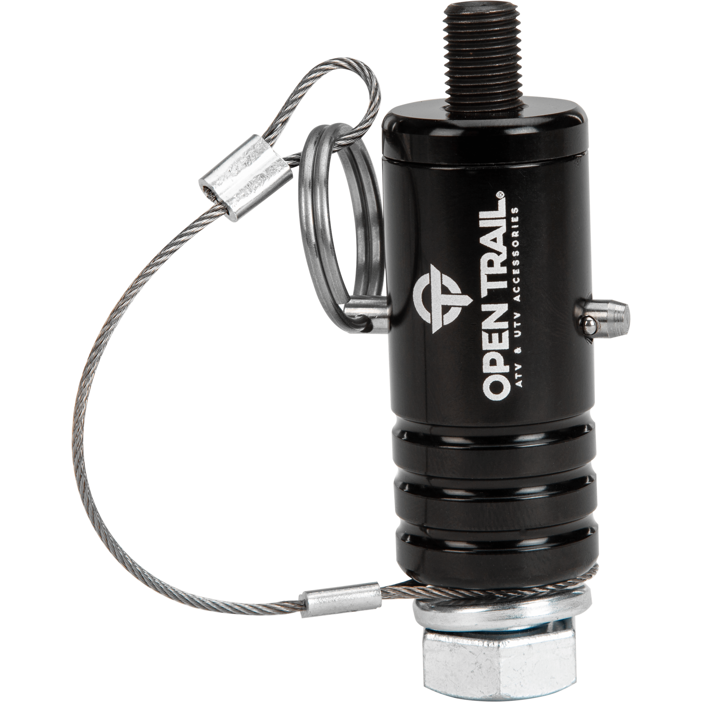 The Quick-Release Whip Mount Black by Open Trail is a durable 6061 aluminum ATV/UTV accessory featuring a threaded bolt, metal cable loop, ridged grip, and side logo for quick cap release.