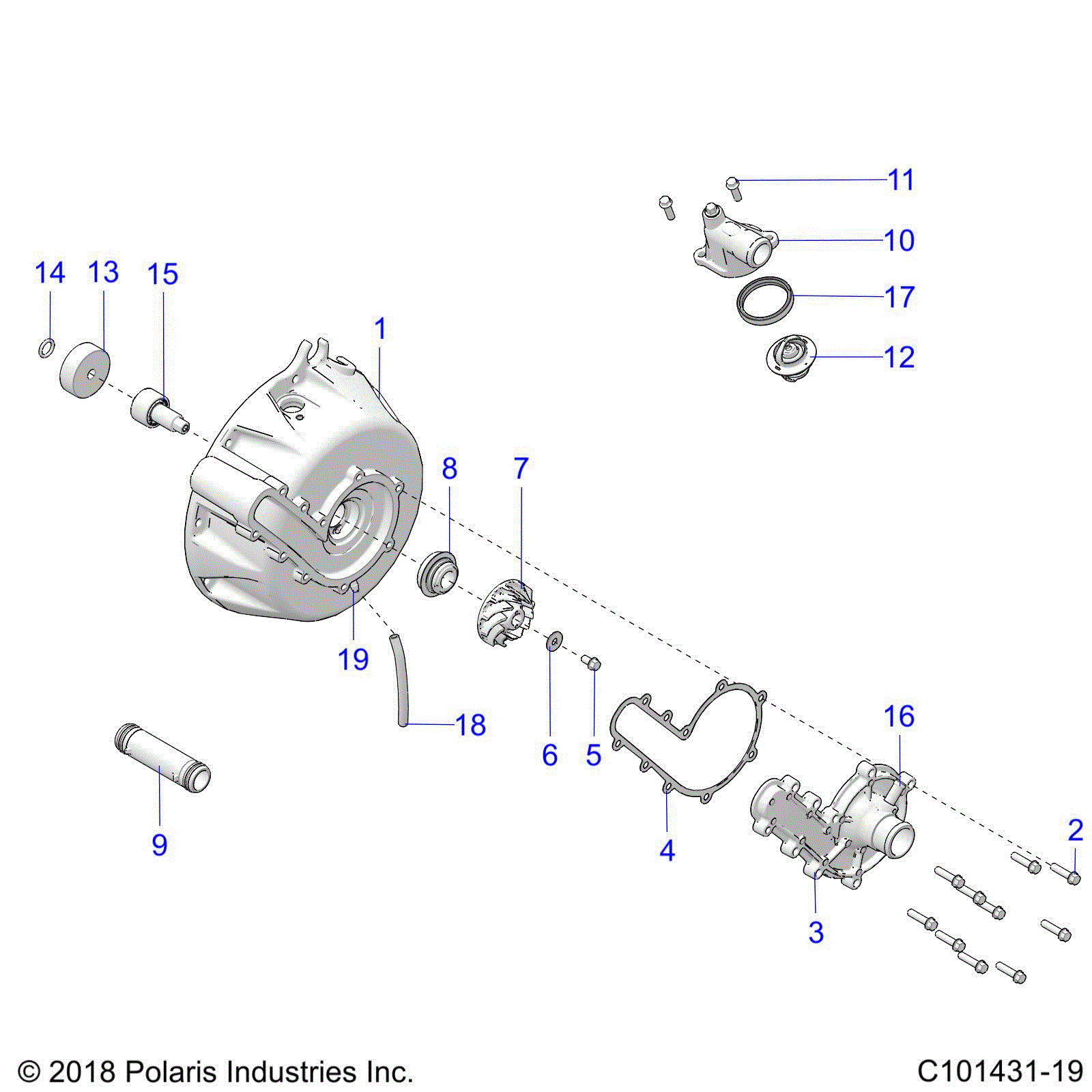 An Image of a Genuine Polaris Parts Schematic Diagram showing the schematic - ENGINE: COOLING SYSTEM and WATER PUMP - 2025 POLARIS SCRAMBLER XP 1000 55 LLP 49S